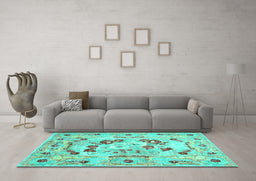 Machine Washable Abstract Turquoise Contemporary Area Rugs in a Living Room,, wshcon544turq