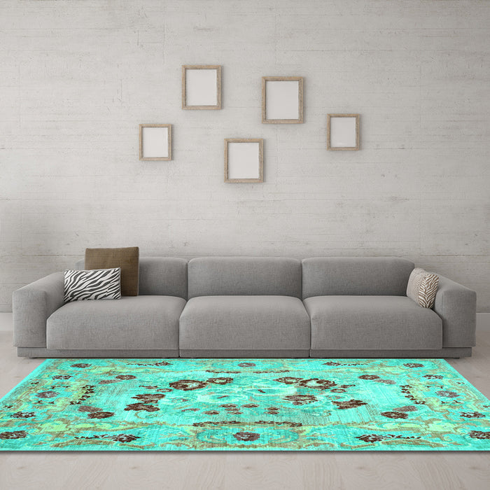 Machine Washable Abstract Turquoise Contemporary Area Rugs in a Living Room,, wshcon544turq
