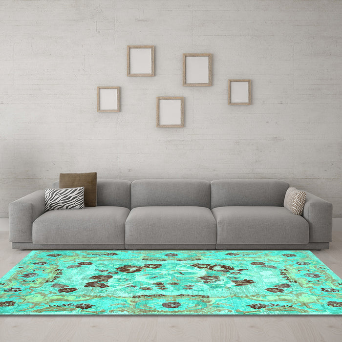 Machine Washable Medallion Turquoise French Area Rugs in a Living Room,, wshcon549turq