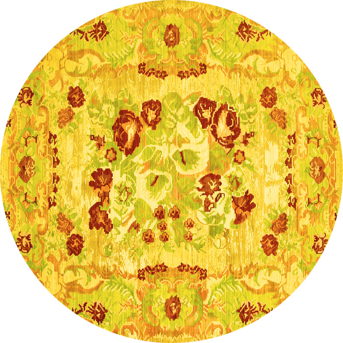Round Machine Washable Medallion Yellow French Rug, wshcon549yw