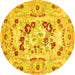 Round Machine Washable Medallion Yellow French Rug, wshcon549yw