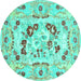 Round Machine Washable Medallion Turquoise French Area Rugs, wshcon549turq