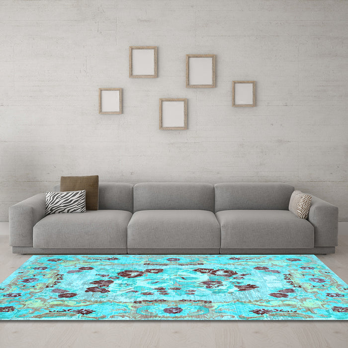 Machine Washable Medallion Light Blue French Rug in a Living Room, wshcon549lblu