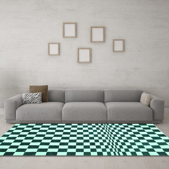 Machine Washable Checkered Turquoise Modern Area Rugs in a Living Room,, wshcon554turq