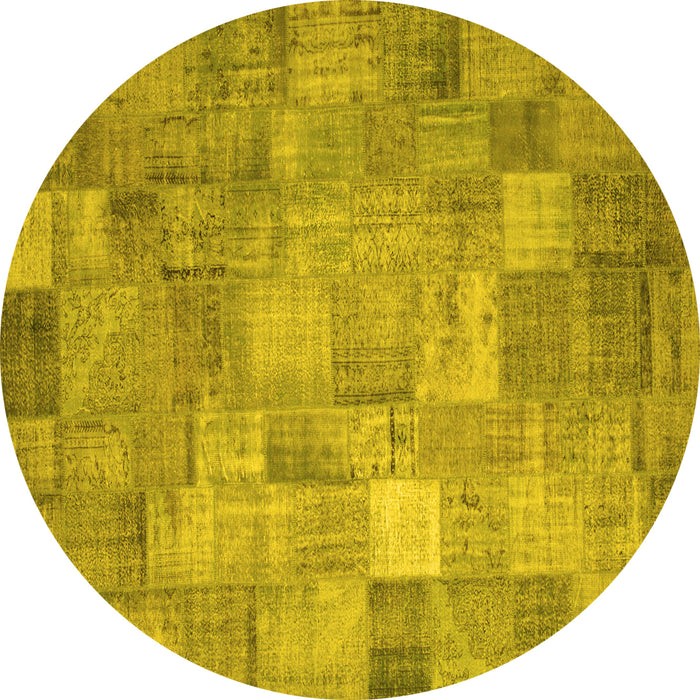Round Machine Washable Patchwork Yellow Transitional Rug, wshcon556yw