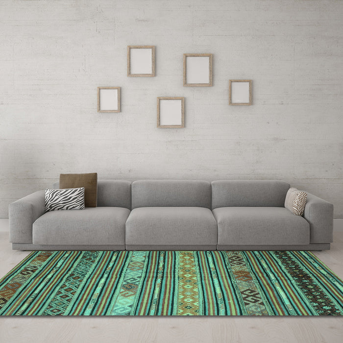 Machine Washable Oriental Turquoise Traditional Area Rugs in a Living Room,, wshcon558turq
