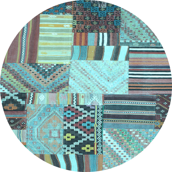Round Machine Washable Patchwork Light Blue Transitional Rug, wshcon560lblu