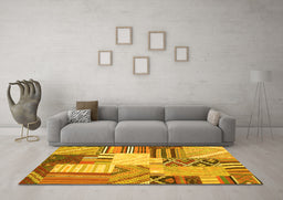 Machine Washable Patchwork Yellow Transitional Rug in a Living Room, wshcon560yw