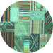 Round Machine Washable Patchwork Turquoise Transitional Area Rugs, wshcon561turq