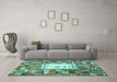 Machine Washable Oriental Turquoise Traditional Area Rugs in a Living Room,, wshcon572turq