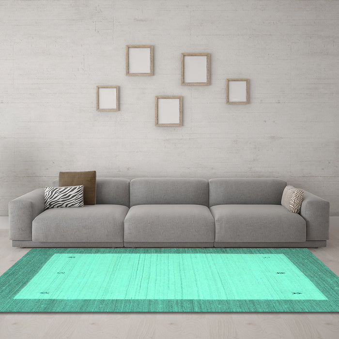 Machine Washable Abstract Turquoise Contemporary Area Rugs in a Living Room,, wshcon573turq
