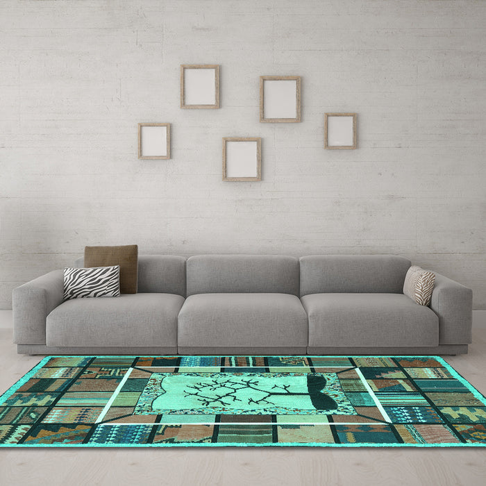 Machine Washable Southwestern Turquoise Country Area Rugs in a Living Room,, wshcon574turq