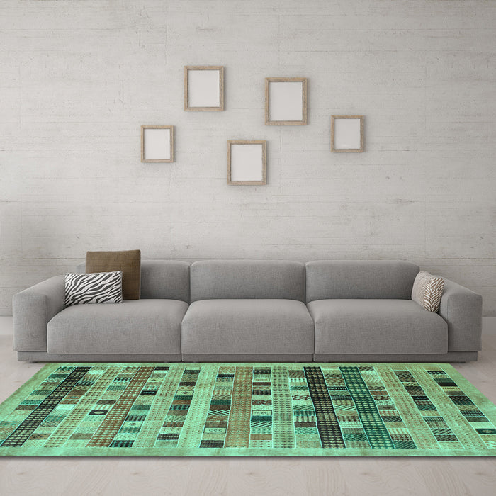 Machine Washable Abstract Turquoise Contemporary Area Rugs in a Living Room,, wshcon597turq