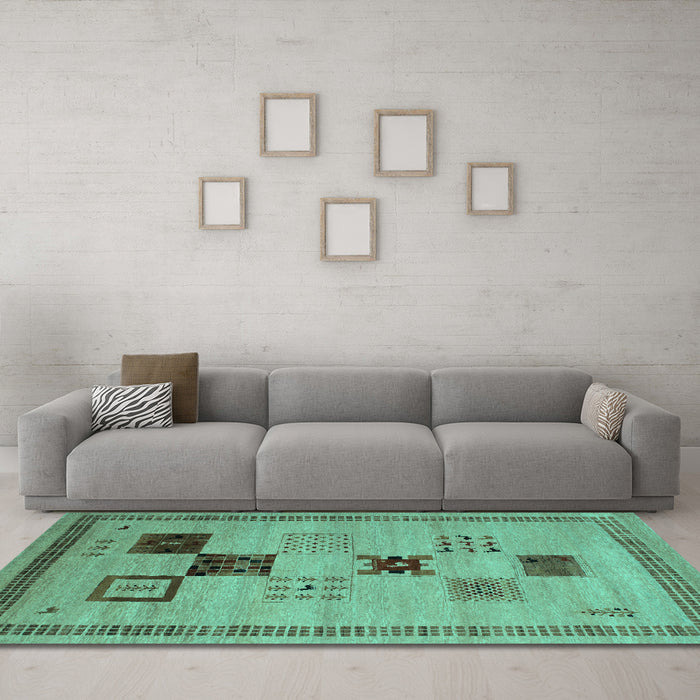 Machine Washable Abstract Turquoise Contemporary Area Rugs in a Living Room,, wshcon599turq