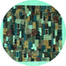 Round Machine Washable Abstract Turquoise Contemporary Area Rugs, wshcon600turq