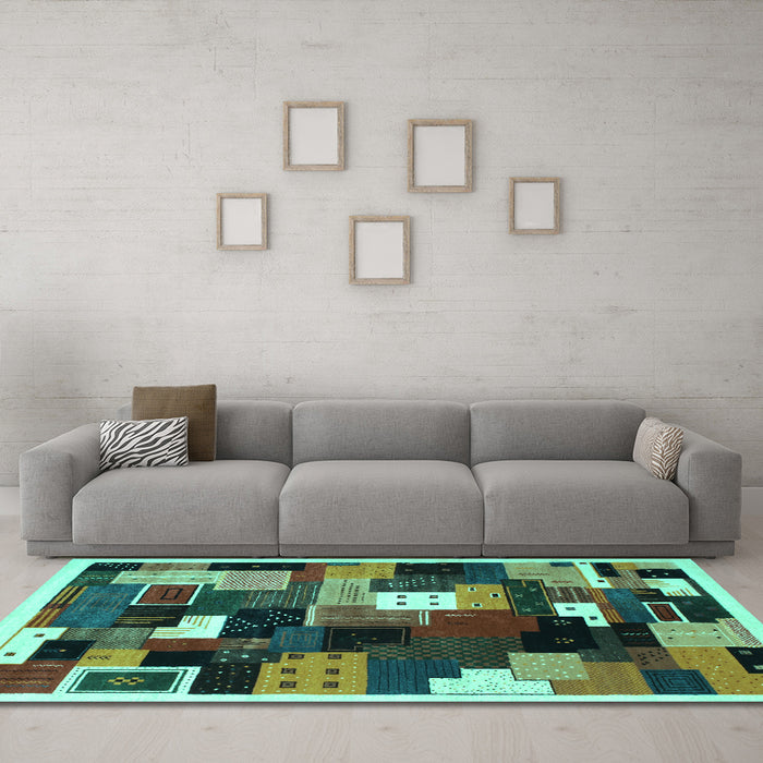 Machine Washable Abstract Turquoise Contemporary Area Rugs in a Living Room,, wshcon606turq