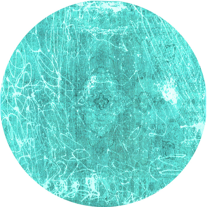 Round Machine Washable Abstract Turquoise Contemporary Area Rugs, wshcon607turq
