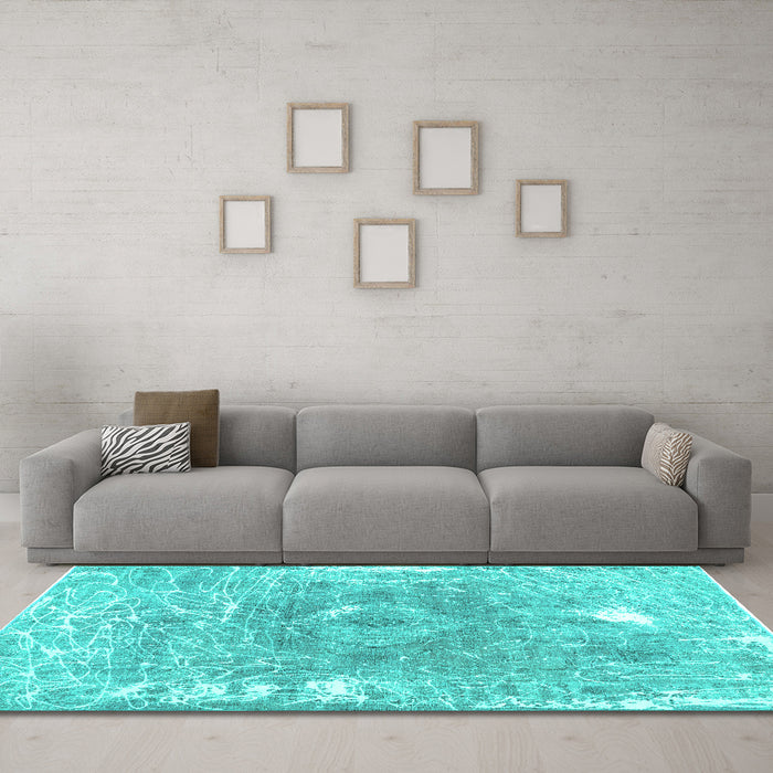 Machine Washable Abstract Turquoise Contemporary Area Rugs in a Living Room,, wshcon607turq