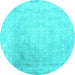 Round Machine Washable Abstract Turquoise Contemporary Area Rugs, wshcon608turq