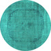 Round Machine Washable Abstract Turquoise Contemporary Area Rugs, wshcon615turq