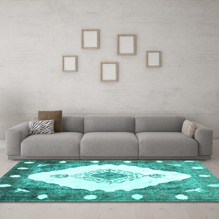Machine Washable Abstract Turquoise Contemporary Area Rugs in a Living Room,, wshcon618turq