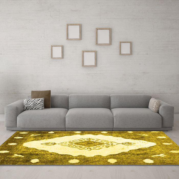 Machine Washable Abstract Yellow Contemporary Rug in a Living Room, wshcon618yw