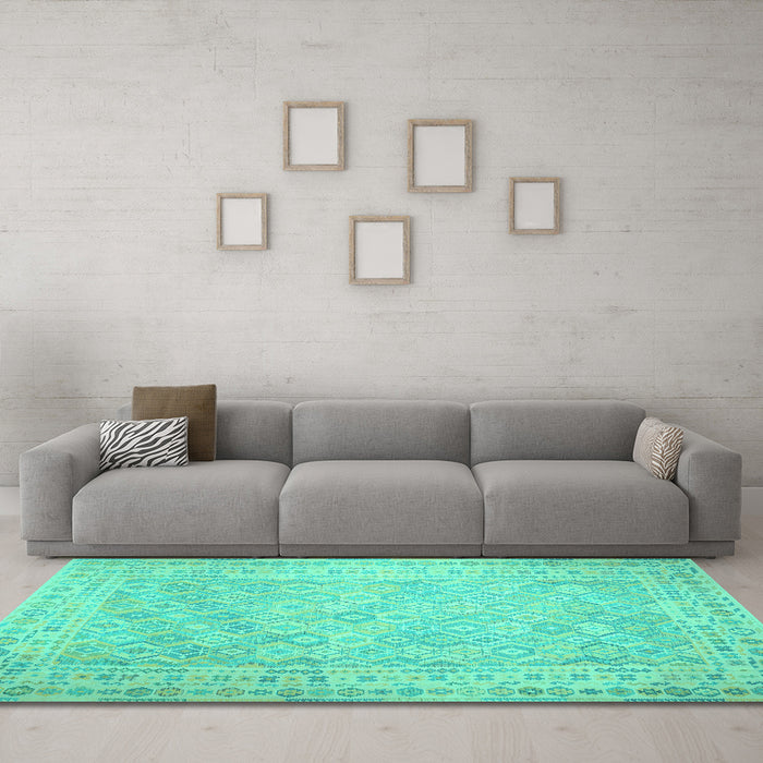 Machine Washable Southwestern Turquoise Country Area Rugs in a Living Room,, wshcon627turq