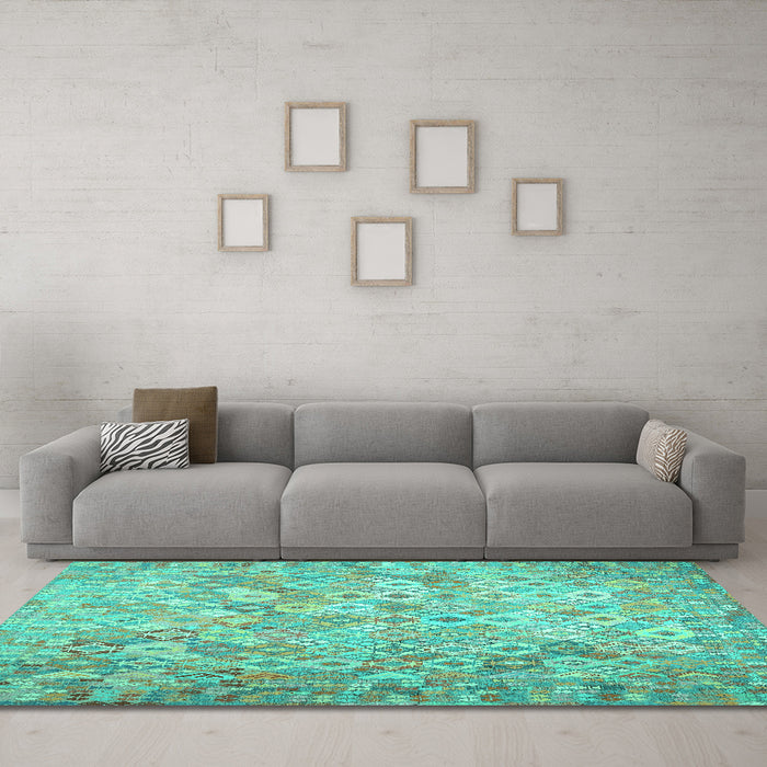 Machine Washable Southwestern Turquoise Country Area Rugs in a Living Room,, wshcon633turq