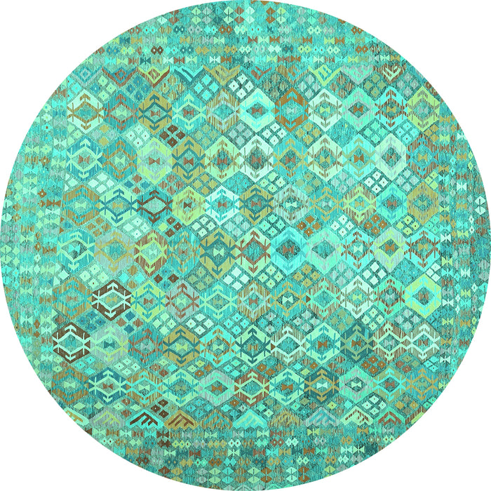Round Machine Washable Southwestern Turquoise Country Area Rugs, wshcon633turq