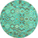 Round Machine Washable Southwestern Turquoise Country Area Rugs, wshcon639turq