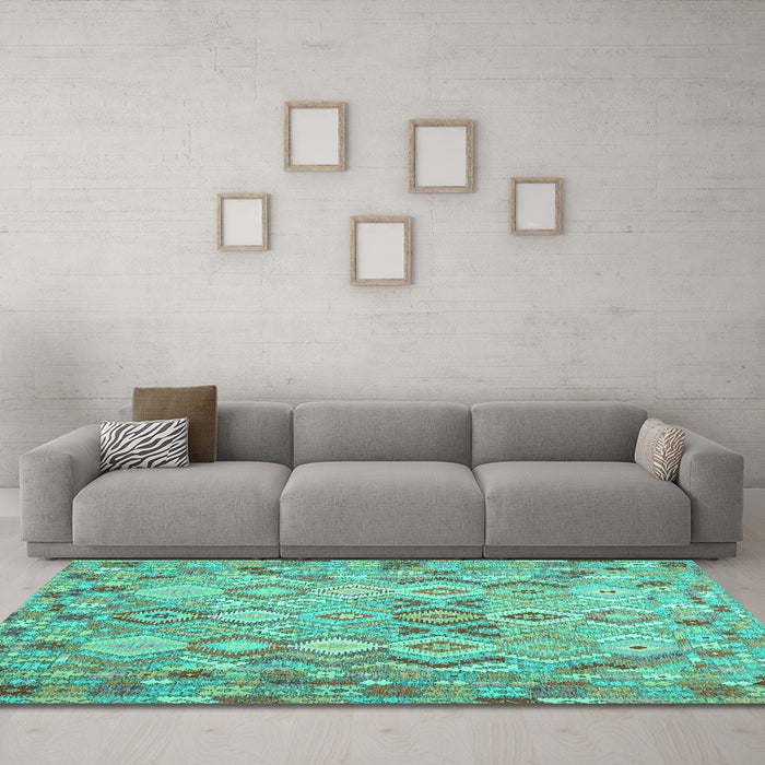Machine Washable Southwestern Turquoise Country Area Rugs in a Living Room,, wshcon639turq