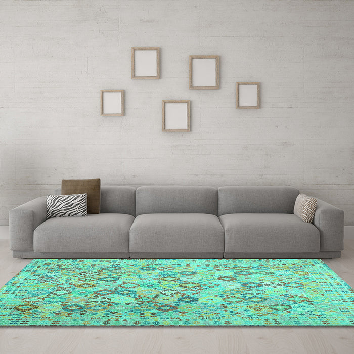 Machine Washable Southwestern Turquoise Country Area Rugs in a Living Room,, wshcon641turq