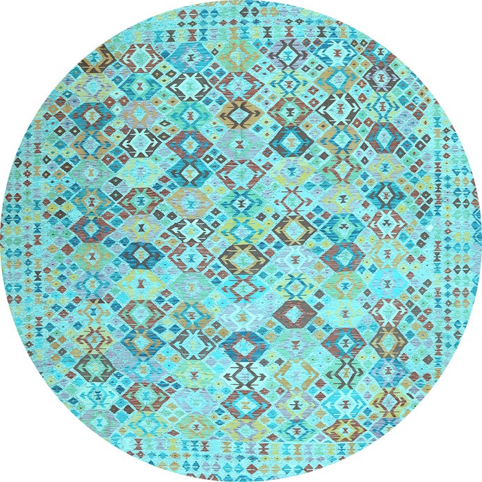 Round Machine Washable Southwestern Light Blue Country Rug, wshcon641lblu