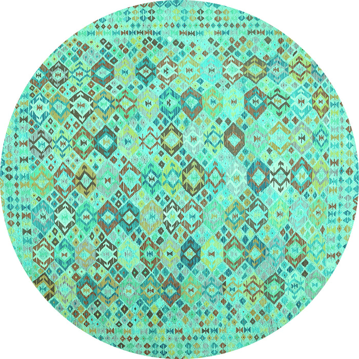 Round Machine Washable Southwestern Turquoise Country Area Rugs, wshcon641turq