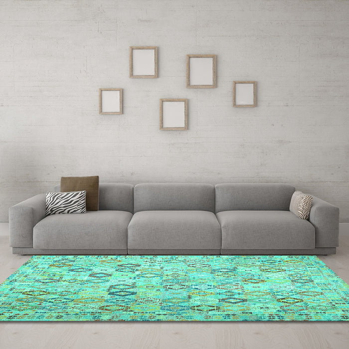 Machine Washable Southwestern Turquoise Country Area Rugs in a Living Room,, wshcon643turq