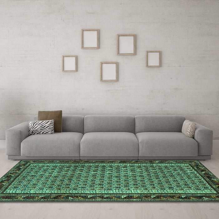Machine Washable Abstract Turquoise Contemporary Area Rugs in a Living Room,, wshcon659turq