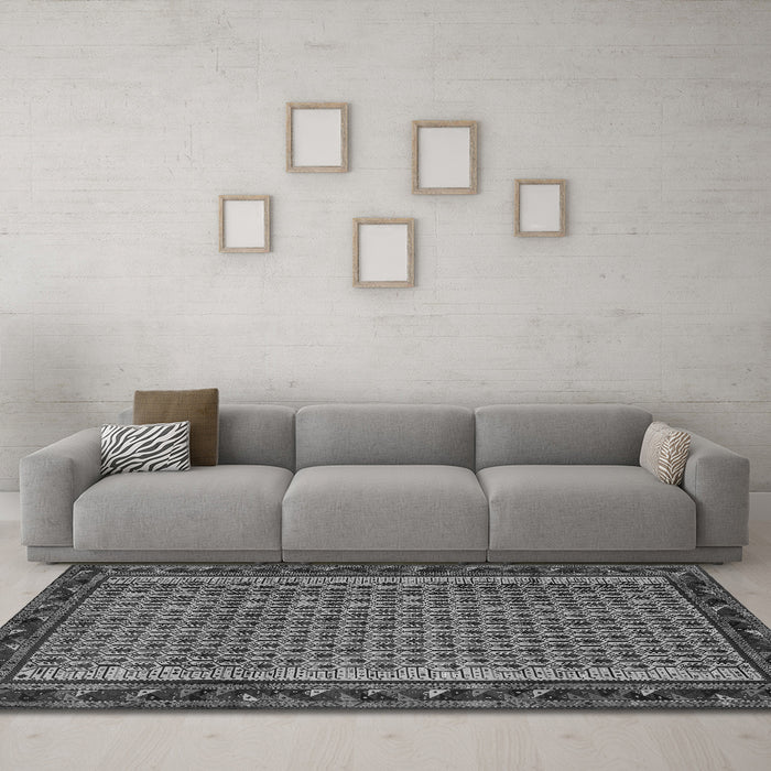 Machine Washable Abstract Gray Contemporary Rug in a Living Room,, wshcon659gry