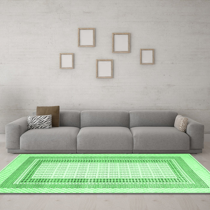 Machine Washable Abstract Emerald Green Contemporary Area Rugs in a Living Room,, wshcon670emgrn