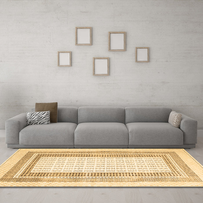 Machine Washable Abstract Brown Contemporary Rug in a Living Room,, wshcon670brn