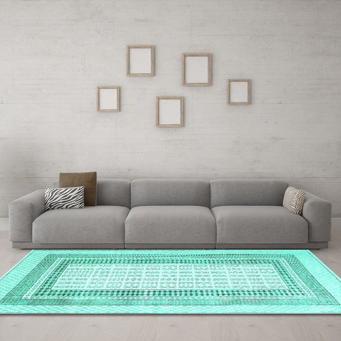Machine Washable Abstract Turquoise Contemporary Area Rugs in a Living Room,, wshcon670turq