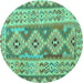 Round Machine Washable Southwestern Turquoise Country Area Rugs, wshcon675turq