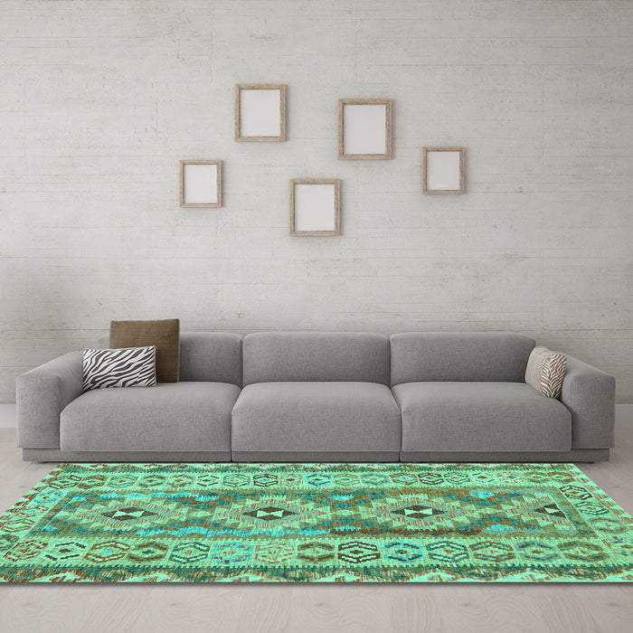 Machine Washable Southwestern Turquoise Country Area Rugs in a Living Room,, wshcon675turq