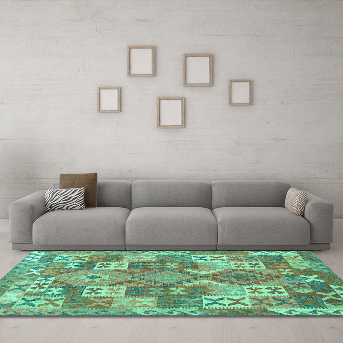 Machine Washable Southwestern Turquoise Country Area Rugs in a Living Room,, wshcon682turq