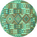 Round Machine Washable Southwestern Turquoise Country Area Rugs, wshcon682turq