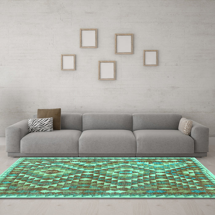 Machine Washable Southwestern Turquoise Country Area Rugs in a Living Room,, wshcon683turq