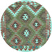 Round Machine Washable Southwestern Light Blue Country Rug, wshcon684lblu