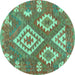 Round Machine Washable Southwestern Turquoise Country Area Rugs, wshcon685turq