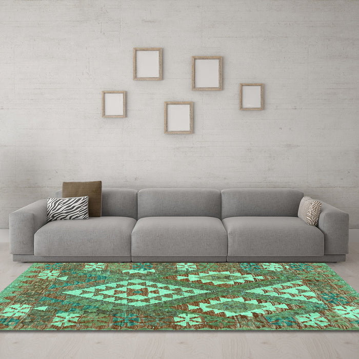 Machine Washable Southwestern Turquoise Country Area Rugs in a Living Room,, wshcon685turq
