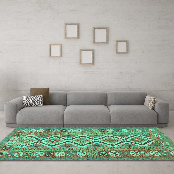 Machine Washable Southwestern Turquoise Country Area Rugs in a Living Room,, wshcon686turq