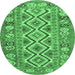 Round Machine Washable Southwestern Emerald Green Country Area Rugs, wshcon686emgrn